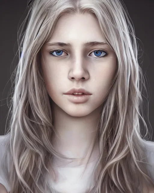 Image similar to portrait of 1 6 - year - old woman with dirty blonde hair down to her waist, pale eyebrows and protuberant silver eyes, wearing white shirt, hyper realistic face, beautiful eyes, character art, art by mark brooks, hyperdetailed, cryengine, trending on artstation, digital art