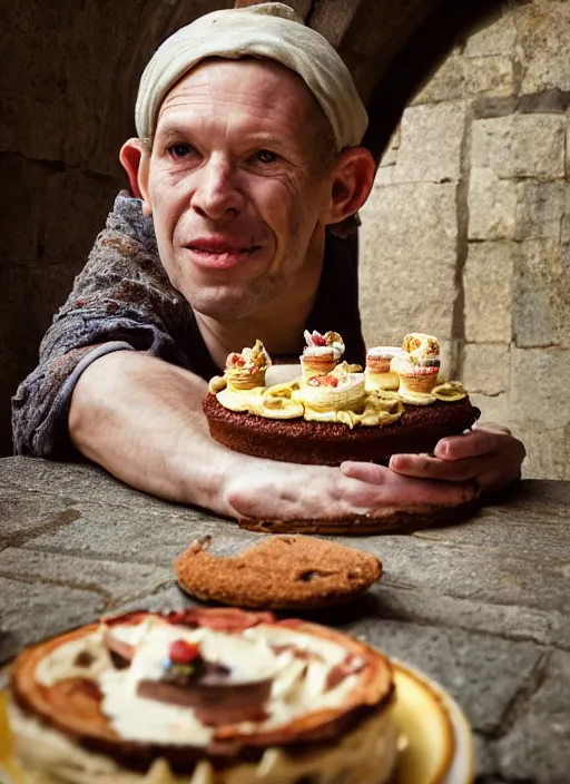 Image similar to closeup portrait of a medieval goblin eating cakes in the cloisters, depth of field, zeiss lens, detailed, symmetrical, centered, fashion photoshoot, by Annie Leibovitz and Steve McCurry, David Lazar, Jimmy Nelsson, Breathtaking, 8k resolution, extremely detailed, beautiful, establishing shot, artistic, hyperrealistic, beautiful face, octane render