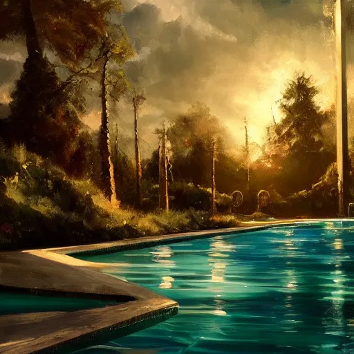 Image similar to a glistening pool, dramatic lighting, oil painting, pale colors, high detail, 8 k, wide angle, trending on artstation,