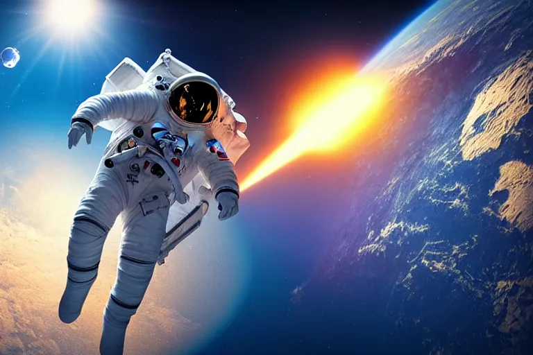 Prompt: astronaut in space wearing a spacesuit floating, meteor hitting earth in background, highly detailed, photorealistic portrait, bright studio setting, studio lighting, crisp quality and light reflections, unreal engine 5 quality render