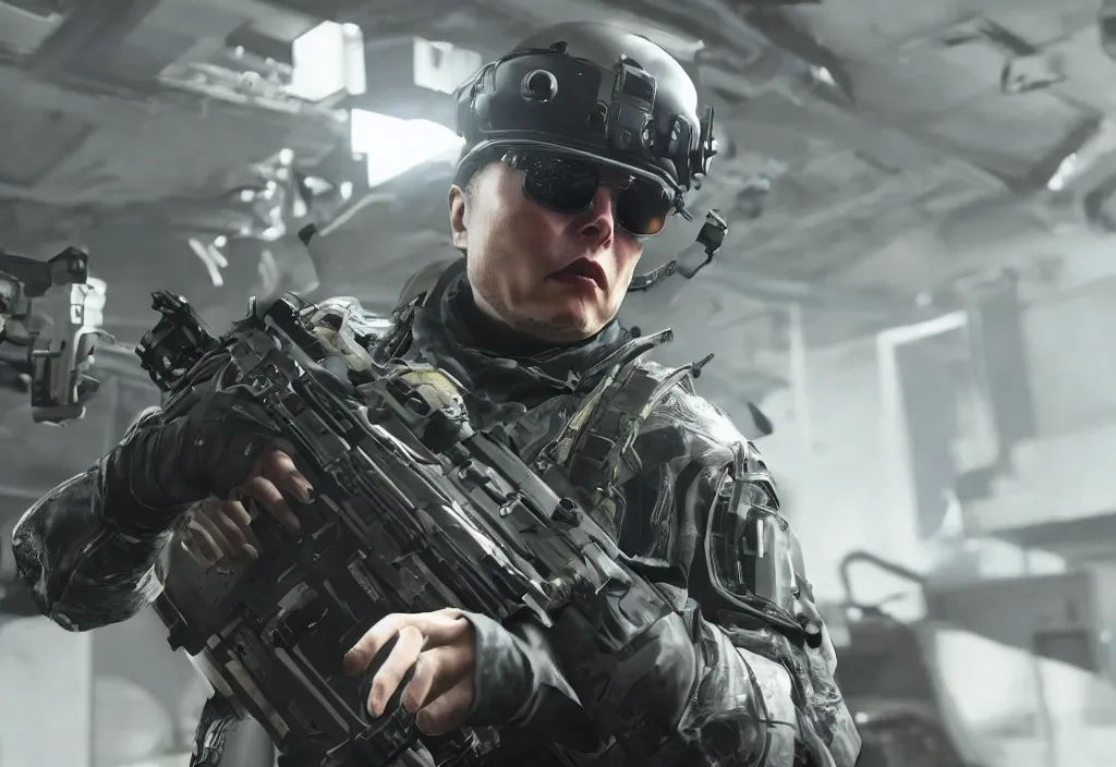 Image similar to elon musk in call of duty, elon musk in the video game call of duty, gameplay screenshot, close up, 3 d rendering. unreal engine. amazing likeness. very detailed.