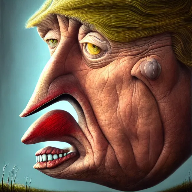 Prompt: gediminas pranckevicius | close up portrait of a the trump in the sinister valley of despair, one mouth, one nose, two eyes, oil painting by tomasz jedruszek, cinematic lighting, pen and ink, intricate line, hd, 4 k, million of likes, trending on artstation