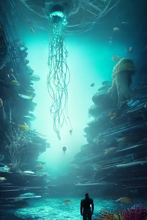 Image similar to hyperrealistic sharp cinematic underwater dystopian futurist city ruins with giant bioluminescent multicolored mutant fish and cyborg jellyfish, digital art masterpiece, aykut aydogdu eric zener, very dramatic volumetric light, long shot, ground angle uhd 8 k, deep focus