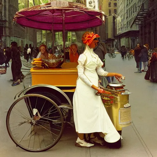 Image similar to a Hot-Dog-Cart selling in new york city art by alphonse mucha and Monia Merlo and Raymond Swanland