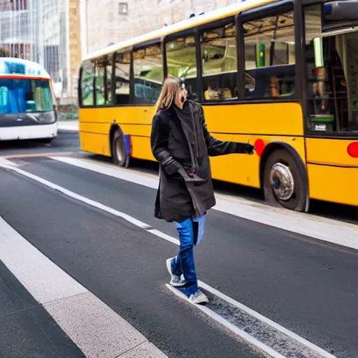 Image similar to walking bus, bus with legs instead of wheels, bus on long mechanical legs