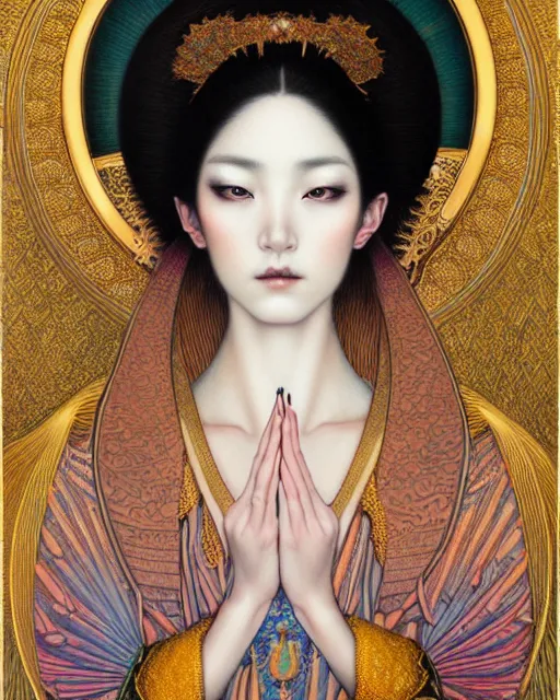 Image similar to portrait of a beautiful goddess of mercy, unusual beauty, esoteric, muted colors, head in focus, fantasy art, ornamental aesthetics intricate, elegant, highly detailed, hyperrealistic painting, artstation, concept art, painterly, sharp focus, illustration, art by chie yoshii