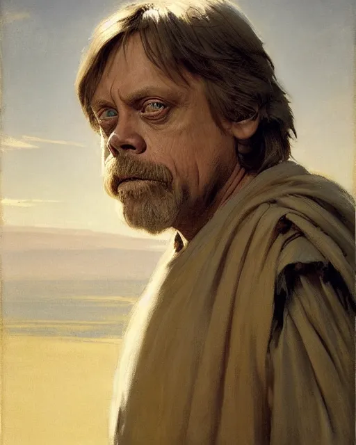 Prompt: mark hamill as a grizzled emanciated drunk jedi knight. fantasy science fiction art by greg rutkowski, gustave courbet, rosa bonheur, edward hopper. faithfully depicted facial expression, perfect anatomy, sharp focus, global illumination, radiant light, detailed and intricate environment, trending on artstation