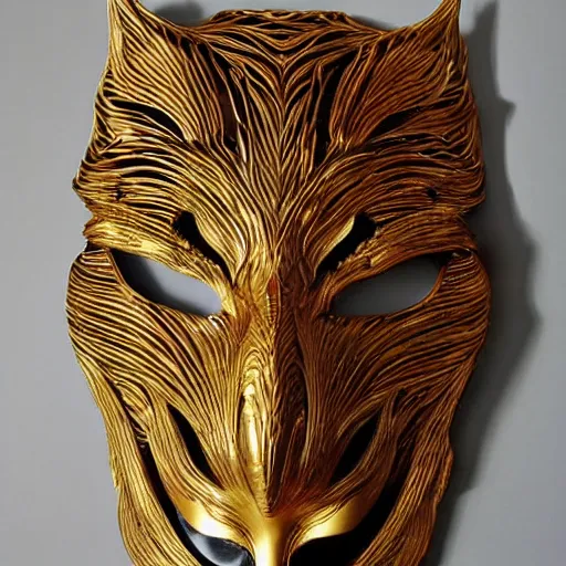 Prompt: a beautiful kitsune mask carved in wood with some gold leaf accents, made by iris van herpen