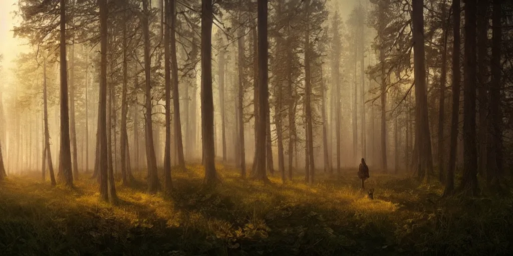 Image similar to swedish forest, dawn, hazy, fog, golden hour, sunlight, beautiful!!!!!!!!!, greg rutkowski, cinematic, atmospheric