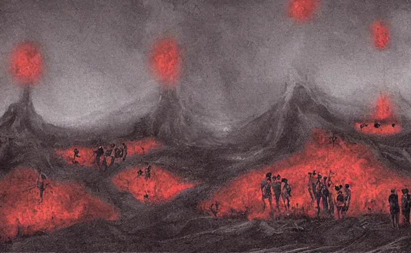 Prompt: hell landscape with people suffering