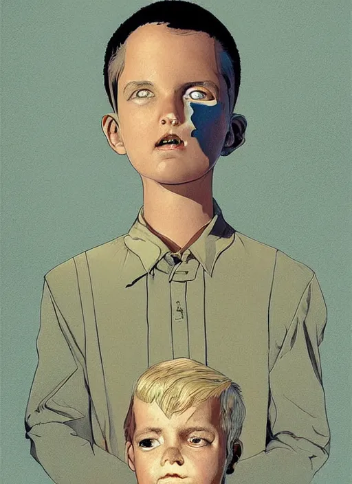 Image similar to poster artwork by Michael Whelan and Tomer Hanuka, Karol Bak of a young boy in a full sized suit, he has the evil spirit of BOB inside him, sitting in the board room, interior from scene from Twin Peaks, clean