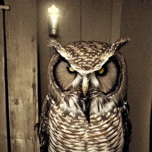 Image similar to owl inside creepy scary nightmare atmosphere, realsitic