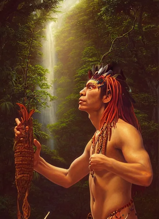 Prompt: a beautiful painting of an amazonian ayahuasca shaman enlightened, drinking ayahuasca, having visions, matte painting, by christophe vacher