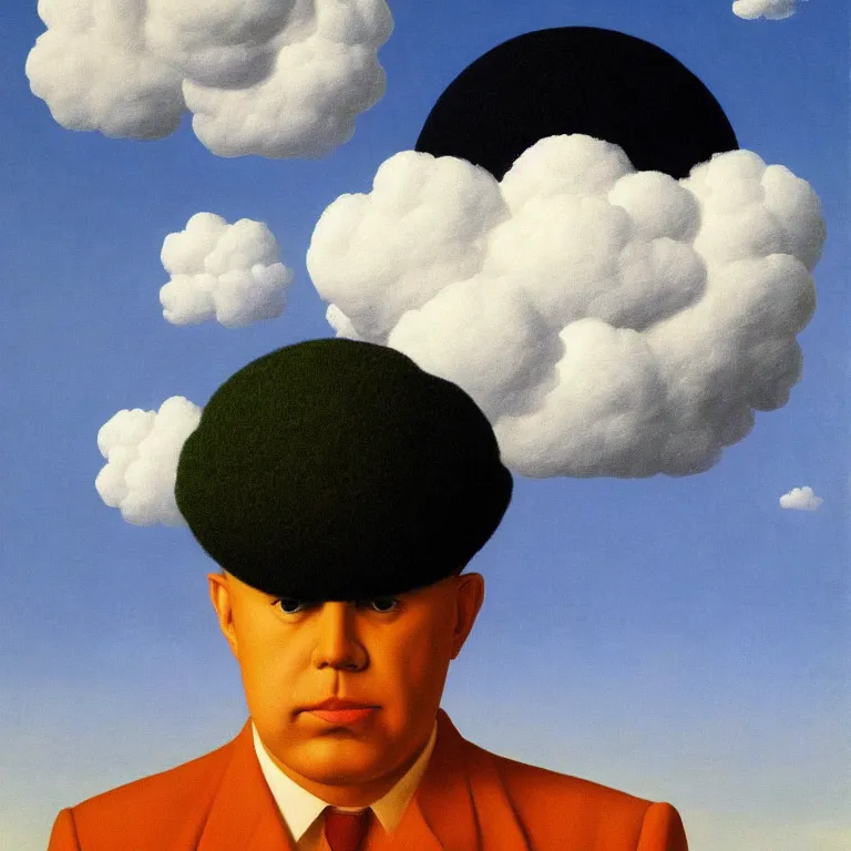 Prompt: portrait of a cloud head, by rene magritte, detailed painting, hd, hq, high resolution, high detail, 4 k, 8 k