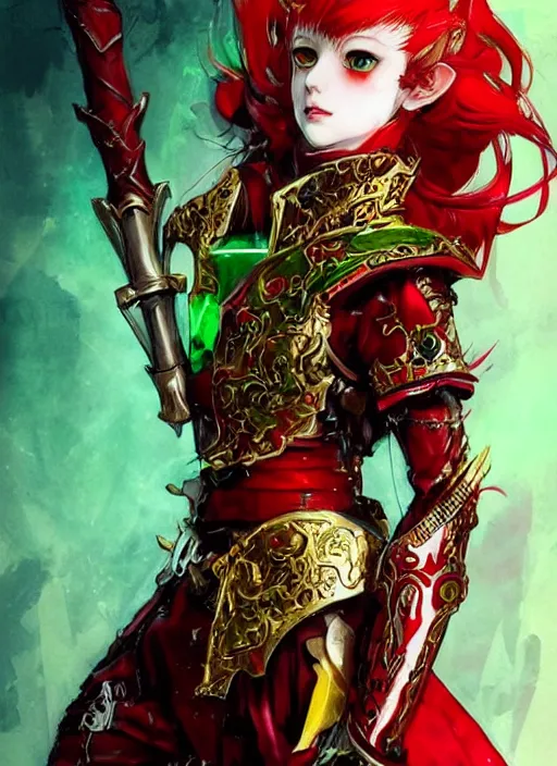 Prompt: Full body portrait of a handsome young red haired elven princess warrior wearing red, green and gold ornate leather jacket, golden tiara and an axe. In style of Yoji Shinkawa and Hyung-tae Kim, trending on ArtStation, dark fantasy, great composition, concept art, highly detailed.