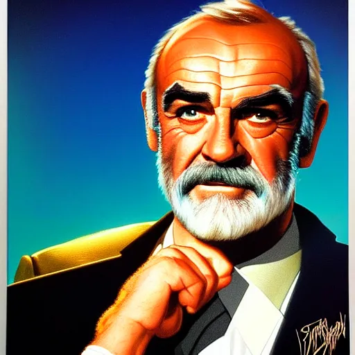 Image similar to portrait sean connery soft light, by drew struzan, inspired by sky captain and the world of tomorrow, fine sharp high detail,