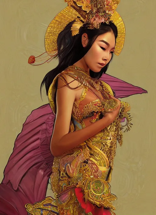 Image similar to portrait of an indonesian supermodels wearing traditional costume, highly detailed, digital painting, artstation, concept art, sharp focus, illustration, art by kittichai rueangchaichan and james gurney and alphonse mucha