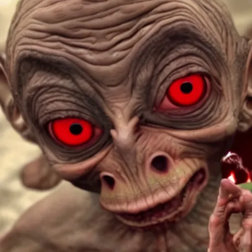 Prompt: Gollum with big red eyes smokes blunt