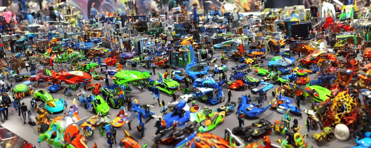 Image similar to thousands of small unbelievable futuristic toys on biggest exhibition on the planet, photorealistic, incredible small details, tons of toys mechanisms-H 576