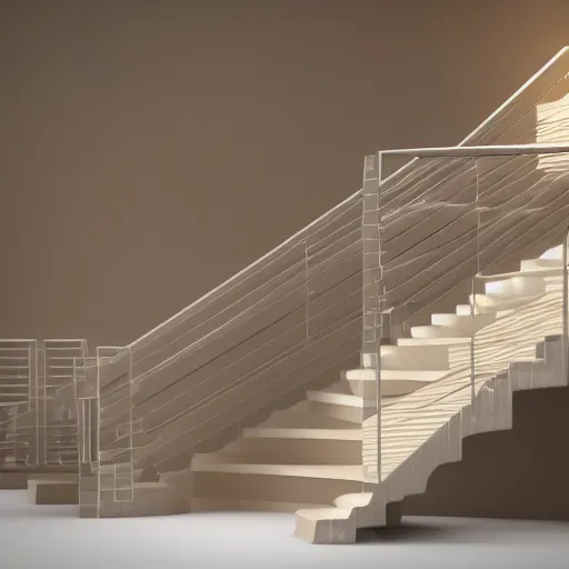 Image similar to 3d render of a liminal space beige and light brown and white colors, abstract interior design, stairs, modernistic, octane render, 8k