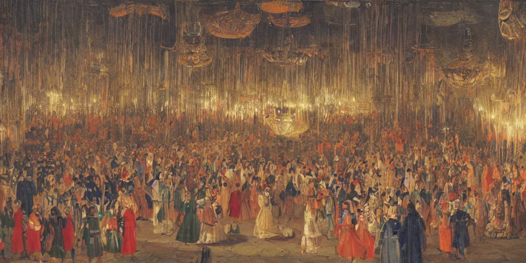 Image similar to night ceremony in the palace, crowd, happy faces, lanterns, detailed, oil - paint