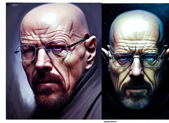 Prompt: wideangle!! portrait shot of heisenberg as a sith in star wars, intricate, elegant, highly detailed, centered, digital painting, artstation, concept art, smooth, sharp focus, illustration, artgerm, tomasz alen kopera, peter mohrbacher, donato giancola, joseph christian leyendecker, wlop, boris vallejo