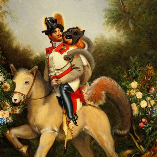 Image similar to a giant squirrel carrying napoleon bonaparte on its back, beach scene with flowers and foliage, detailed oil painting