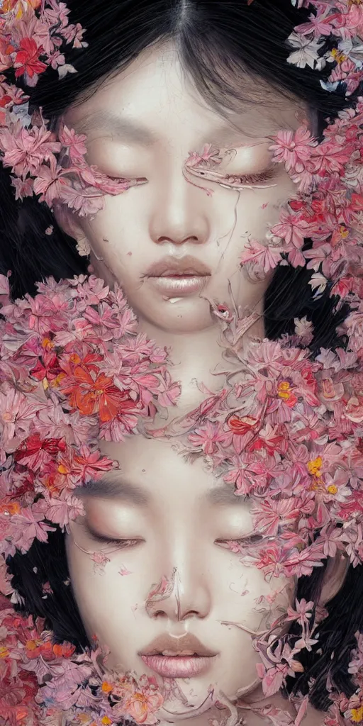 Prompt: very beautiful highly detailed and expressive oil painting of an asian woman's face dissolving into petals and flowers by james jean, by kim jung gi, masterpiece, dynamic lighting, intricate linework, 8 k, flowers