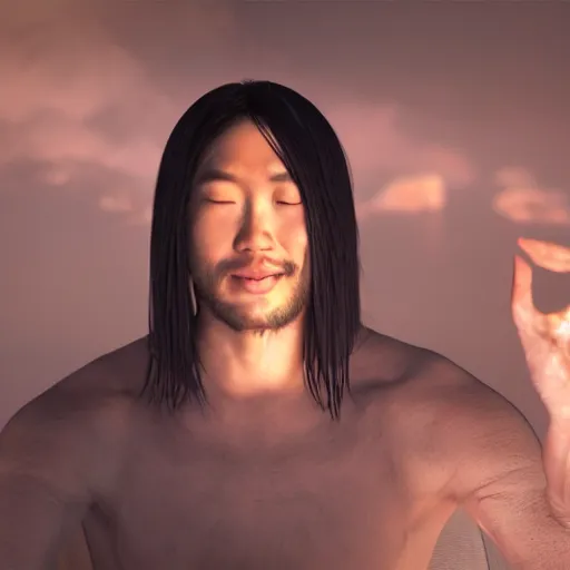 Image similar to hyper realistic unreal engine 4 render of a half - cat half - human asian jesus performing a miracle on a blind human