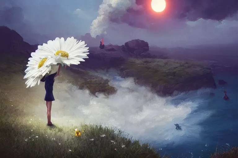 Image similar to giant white daisy flower as a head, girl standing on cliff, surreal photography, solar eclipse, stars, dramatic light, impressionist painting, clouds, digital painting, artstation, james gilleard, liam wong, jeremy mann, simon stalenhag