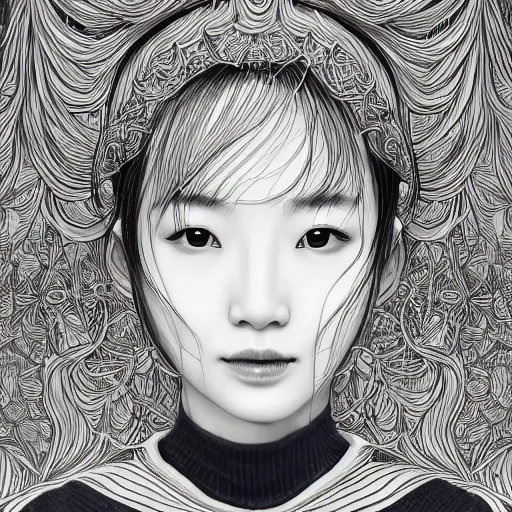 Image similar to the portrait of an incredibly cute and sophisticated koreanwoman partially made of onions of all colors, an ultrafine detailed illustration by james jean, final fantasy, intricate linework, bright colors, behance contest winner, vanitas, angular, altermodern, unreal engine 5 highly rendered, global illumination, radiant light, detailed and intricate environment