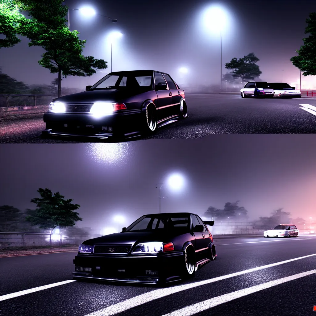 Image similar to a car JZX100 twin turbo drift in middle of road, Gunma prefecture, city midnight mist lights, cinematic lighting, photorealistic, detailed alloy wheels, highly detailed