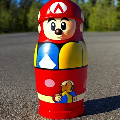 Prompt: photo of russian nesting doll that looks like mario