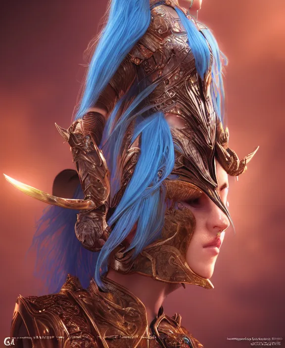 Prompt: a beautiful and highly detailed digital portrait of a dignified female elven paladin with blue hair in rose gold armor by clint cearley and karol bak, centered, artsation contest winner, cgsociety, fantasy art, cryengine, concept art, photorealism, daz 3 d, sketchfab, zbrush, vray