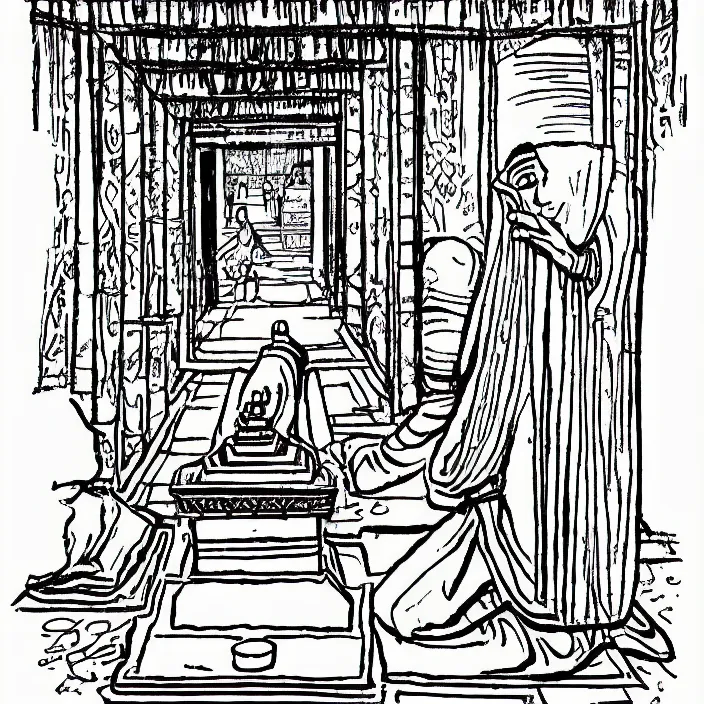 Image similar to a still frame from comic strip a person praying in the temple 1 9 9 0, new yorker illustration, monochrome contrast bw, lineart, manga, simplified