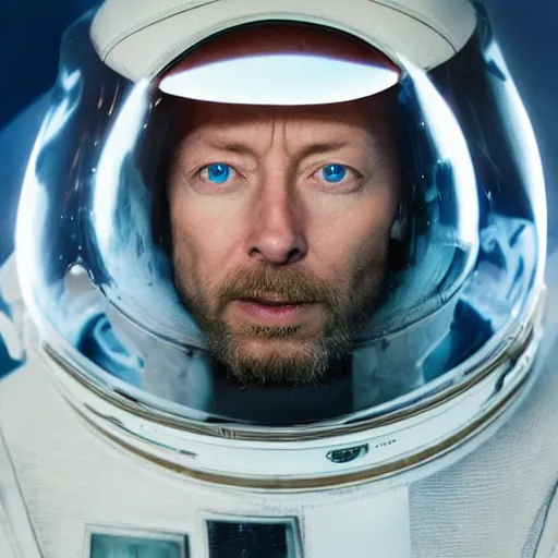 Prompt: thom yorke singer songwriter in a spacesuit filling up with water, dark background, glass - reflecting - stars, space - station light reflections, ultrafine detail, hyper realistic face, beautiful blue - eyes, music video, eyes reflecting into eyes reflecting into infinity, eyes reflecting into eyes reflecting into infinity