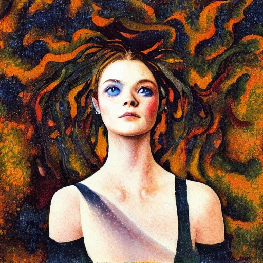 Prompt: professional painting of Elle Fanning in Dark Souls in the style of Henri-Edmond Cross, head and shoulders portrait, symmetrical facial features, smooth, sharp focus, illustration, intricate, stormy weather, extremely detailed masterpiece,