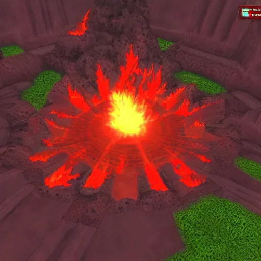 Image similar to TzKal-Zuk at the Inferno, old school runescape, lava river, magma, large shield of magma, obsidian pillars