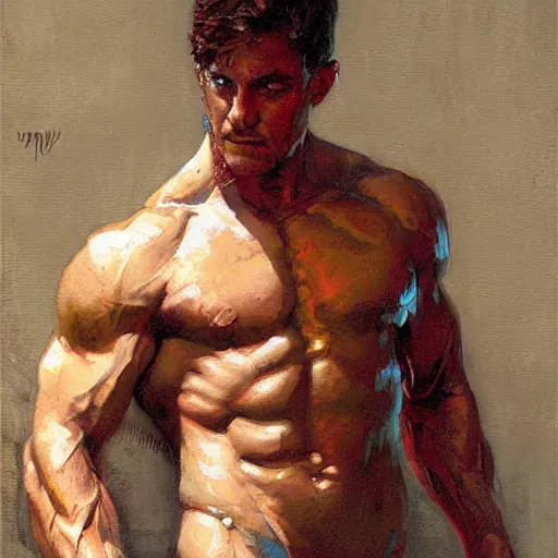 Prompt: Jakee Gyllenhaal with a shredded body type, painting by Gaston Bussiere, Craig Mullins