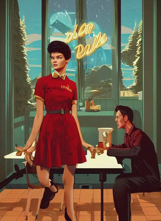 Image similar to poster artwork by Michael Whelan, Bob Larkin and Tomer Hanuka, Karol Bak of Zendaya working at the diner in RR diner waitress dress, from scene from Twin Peaks, simple illustration, domestic, nostalgic, from scene from Twin Peaks, clean