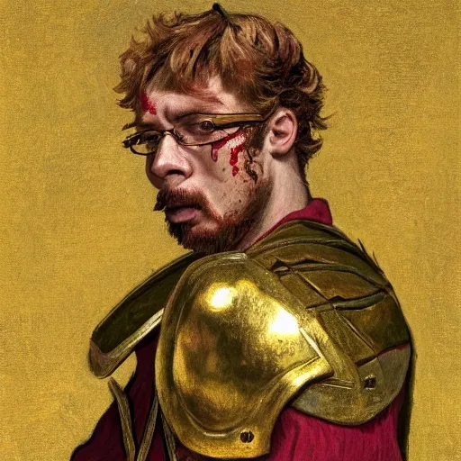 Image similar to Sam Hyde as a Roman warrior wearing gold and red armor, elegant suit, looking at bloody fist, portrait art by Vincent van Gogh, highly detailed, digital painting, concept art, illustration, dim lighting with twilight rays of sunlight, trending on artstation, very detailed, smooth, sharp focus, octane render, close up