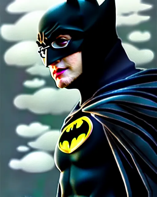 Prompt: harry potter dressed as batman, fantasy character portrait, soft clouds, floral sunset, ultra realistic, concept art, intricate details, cinematic, highly detailed