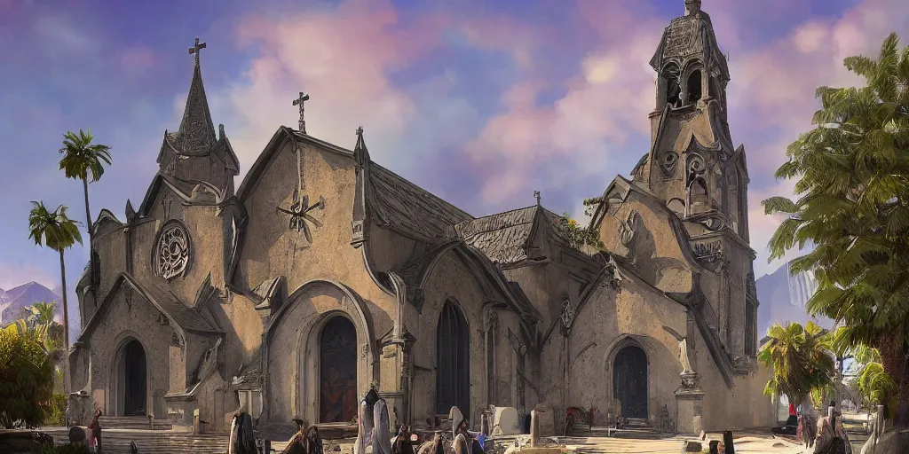 Prompt: street view photograph of the church of kim kardashian where coachella influencers gather to pray for growth, graffiti art style, highly detailed, digital painting, artstation, concept art, dystopian, sharp focus, brutalist illustration, art by greg rutkowski and alphonse mucha, 8 k