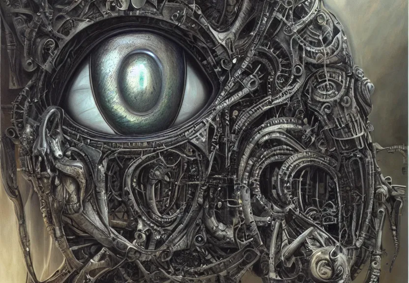 Image similar to biomechanical eye, symmetrical, concept art, intricate detail, volumetric shadows and lighting, realistic oil painting by h. r giger,