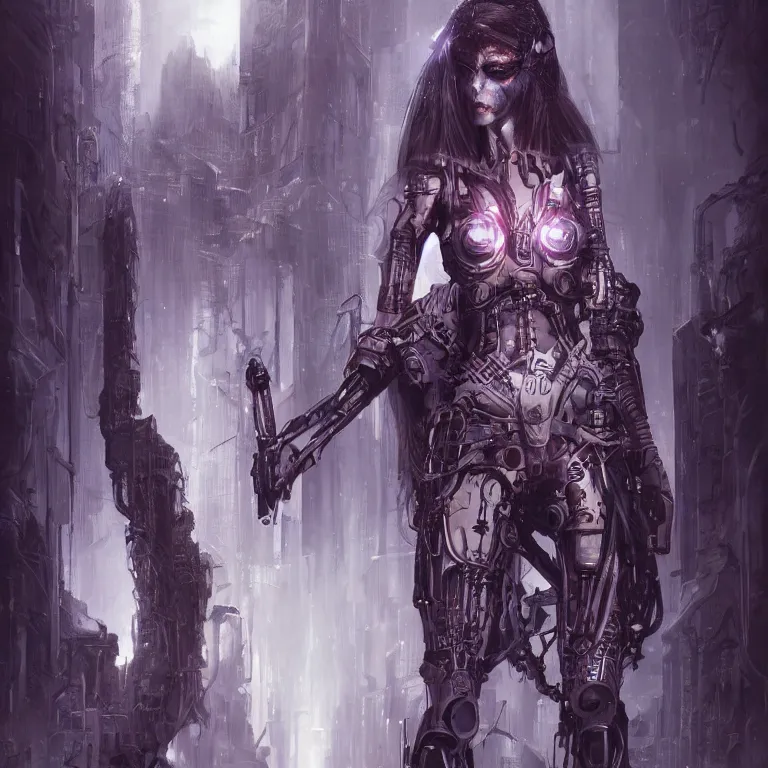 Image similar to cybernetic priestess, cyberpunk, gothic, fantasy, science fiction, character concept art, painting, hyperdetailed, realistic, creepy, atmospheric, cinematic, kinemacolor