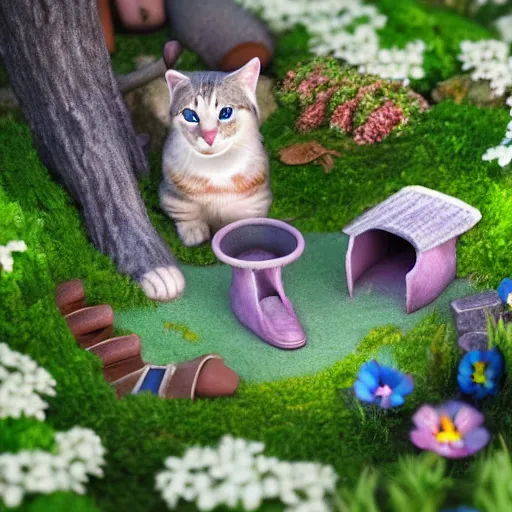 Image similar to cats making shoes in a fairy garden 3 d concept art