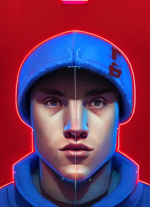 Image similar to portrait of high school senior boy named big moose, blonde short hair, jock, beefy, wide face, square jaw, square facial structure, blue varsity jacket with letter r, intricate, elegant, glowing lights, highly detailed, digital painting, artstation, concept art, sharp focus, illustration, art by wlop, mars ravelo and greg rutkowski