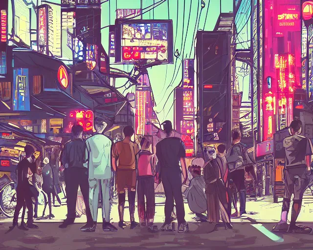 Prompt: illustration of a group of people standing on a street corner in a cyberpunk city, masterpiece!!