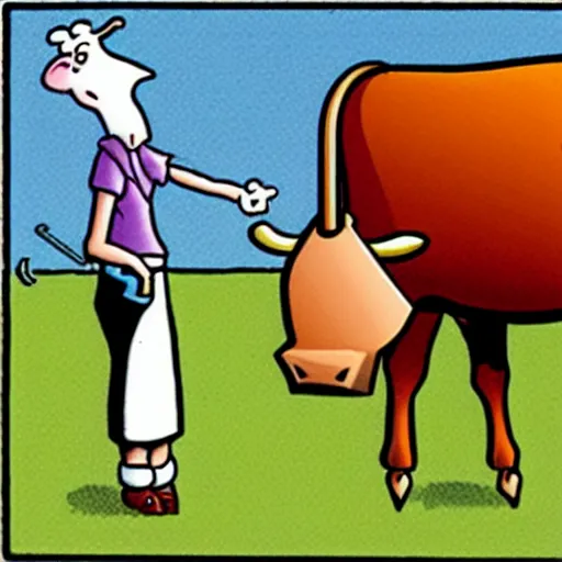 Prompt: a cow points at a bucket, illustrated by gary larson