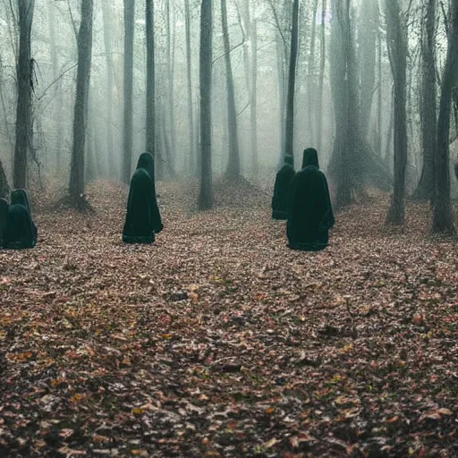 Prompt: eerie floating people in robes in the woods at night, everyone facing the camera, creepy, disturbing, nightmare, blurry